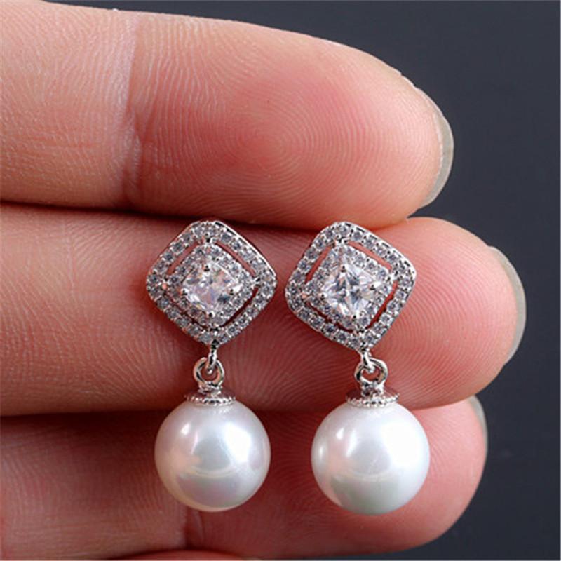 Rongqing Micro Inlay Square Zinc Drop Earrings 925 Sterling Stud Simulated Peals Earrings For Women Wedding Jewelry Gifts