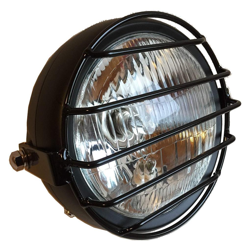 Karun Universal 12V Headlight with Guard for Vintage Motorcycles, Black (Type 2, Clear Lens)