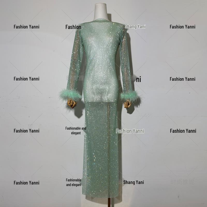 Yanni Fashion Blue Feather & Rhinestone Dress with Long-Sleeve Top and Skirt