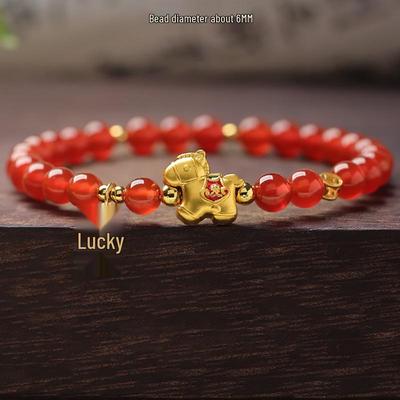 Natuurlijke Rode Agate Paard Zodiac Armband voor Vrouwen - 2026 Nieuwe Stijl met Zandgouden Accenten