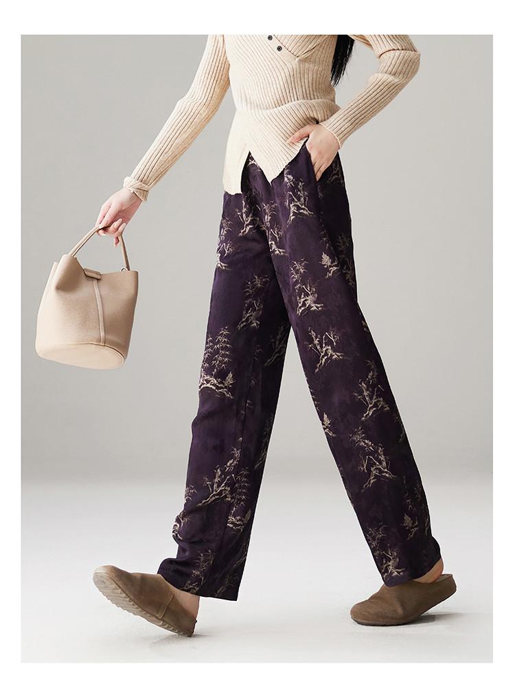 Chinese style printed casual wide leg pants for women in spring 2026, fashionable, loose and versatile, slimming and floor hugging pants