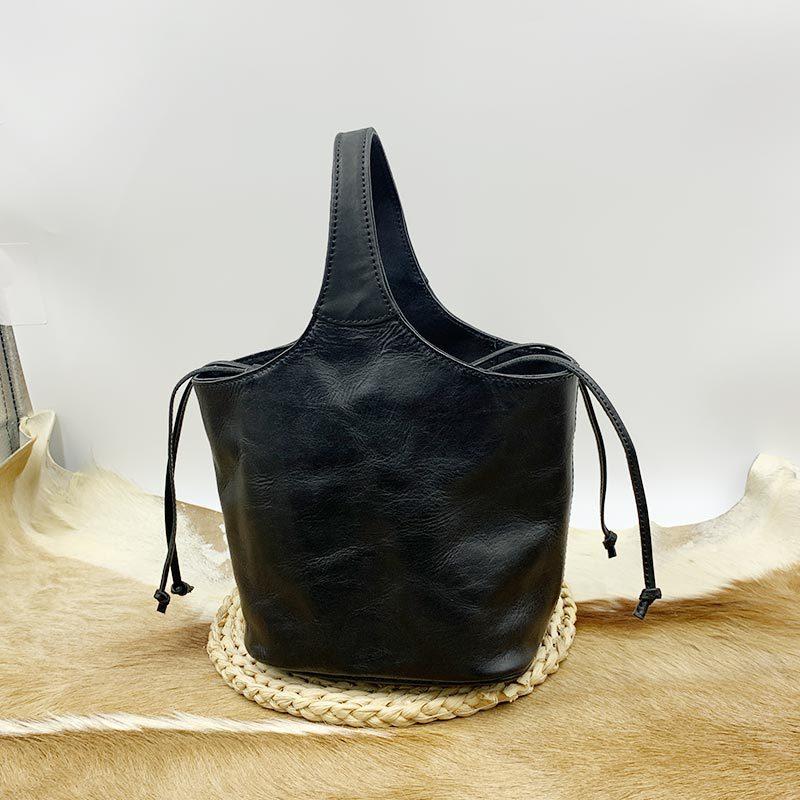 Johnature Genuine Leather Retro Bucket Bag Commuter Large Capacity Soft Cowhide Solid Color Women's Shoulder Bag