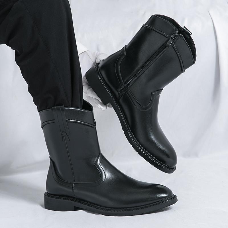 Men’s Western Cowboy Boots Pointed Toe Motorcycle Boots Black Brown Casual Retro Dress Zipper Leather Men’s Shoes Plus Size