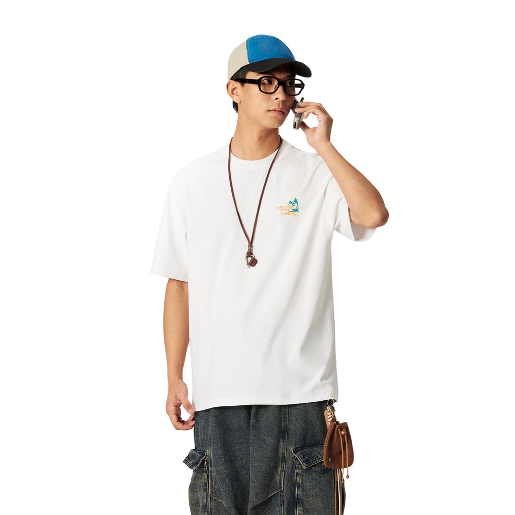 Li Ning Sports Lifestyle Series Letter Comfortable Loose Round Neck Short Sleeve T-Shirt Men Tops Standard-White AHSV365-2