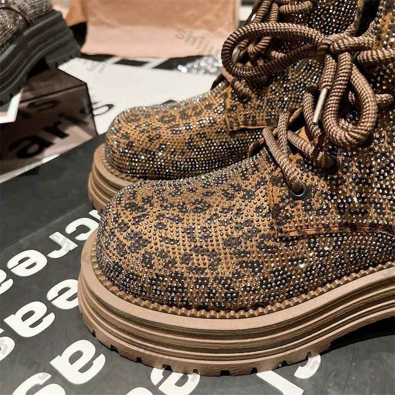 Stivali da Donna 2025 Inverno Stampa Leopardo Stringati Strass Stivaletto Corto Antiscivolo Moda Platform Outdoor Stivali da Cavaliere Botas Mujer