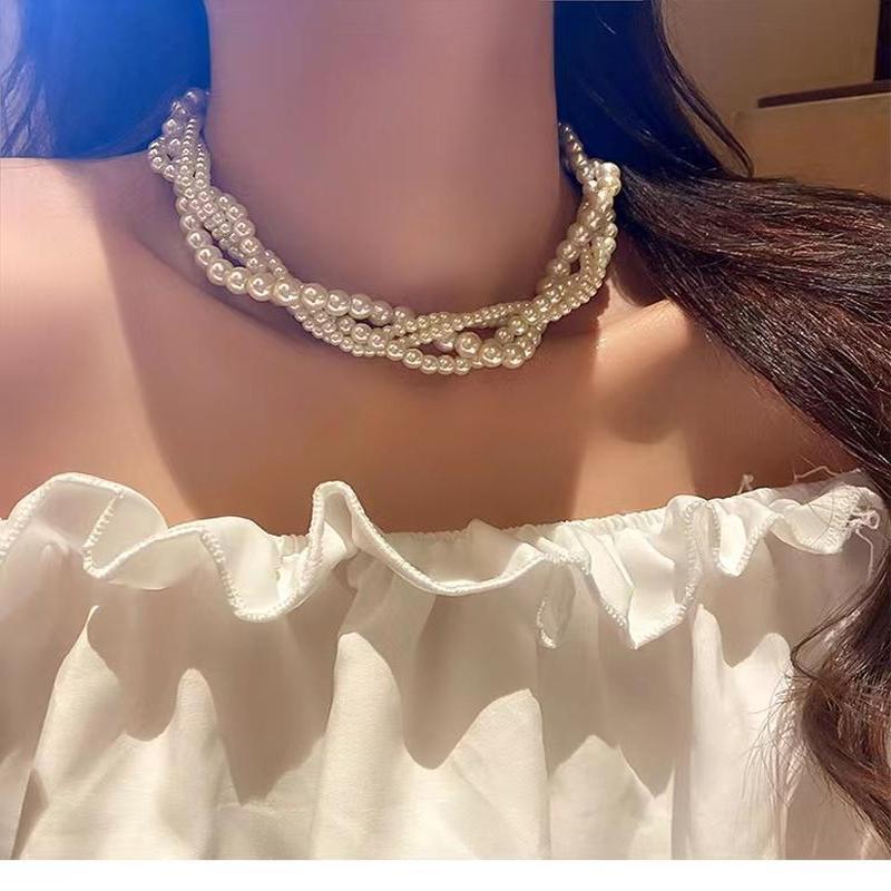 Multi Layered Baroque Necklace Pearl Collarbone Chain Retro Light Luxury Niche Neckchain for Women