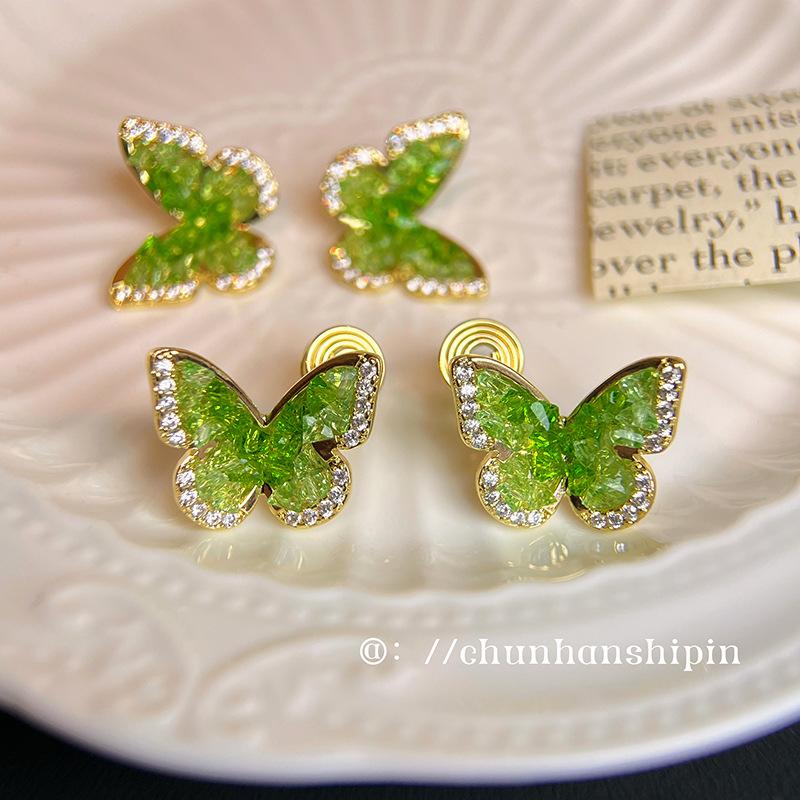 Green Gradual Change Crystal Butterfly No Ear Piercings Ear Clips Small Fragrant Wind Sweet Temperament Earrings Mosquito Coil Disc Butterfly Earrings