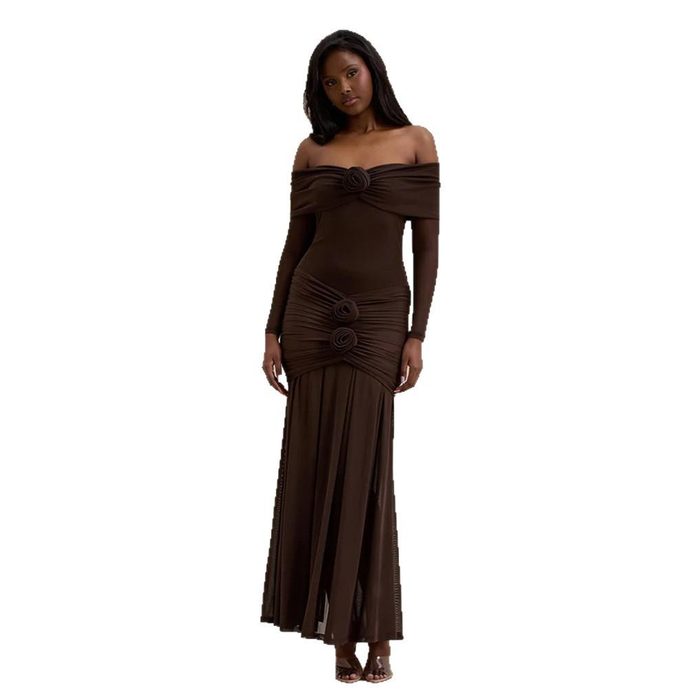 Autumn New European and American Women's Clothing Fashion Temperament Solid Color Pleated Slim-fitting Long-sleeved One-word Shoulder Dress