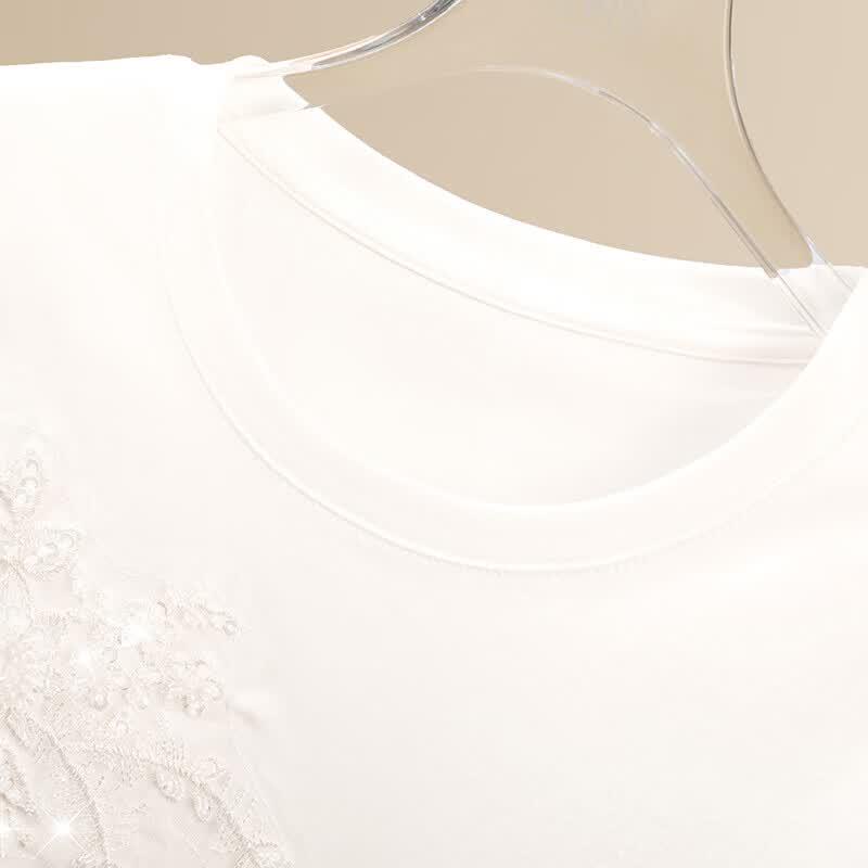 Damen Sommer Baumwolle Rundhals T-Shirt mit Applikation