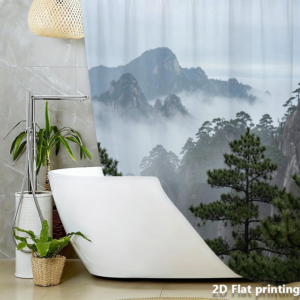 Misty Mountain Shower Curtain 1Pc Polyester 2D Flat Print 70.8X70.8" Pine Trees Clouds Background Grommet Top