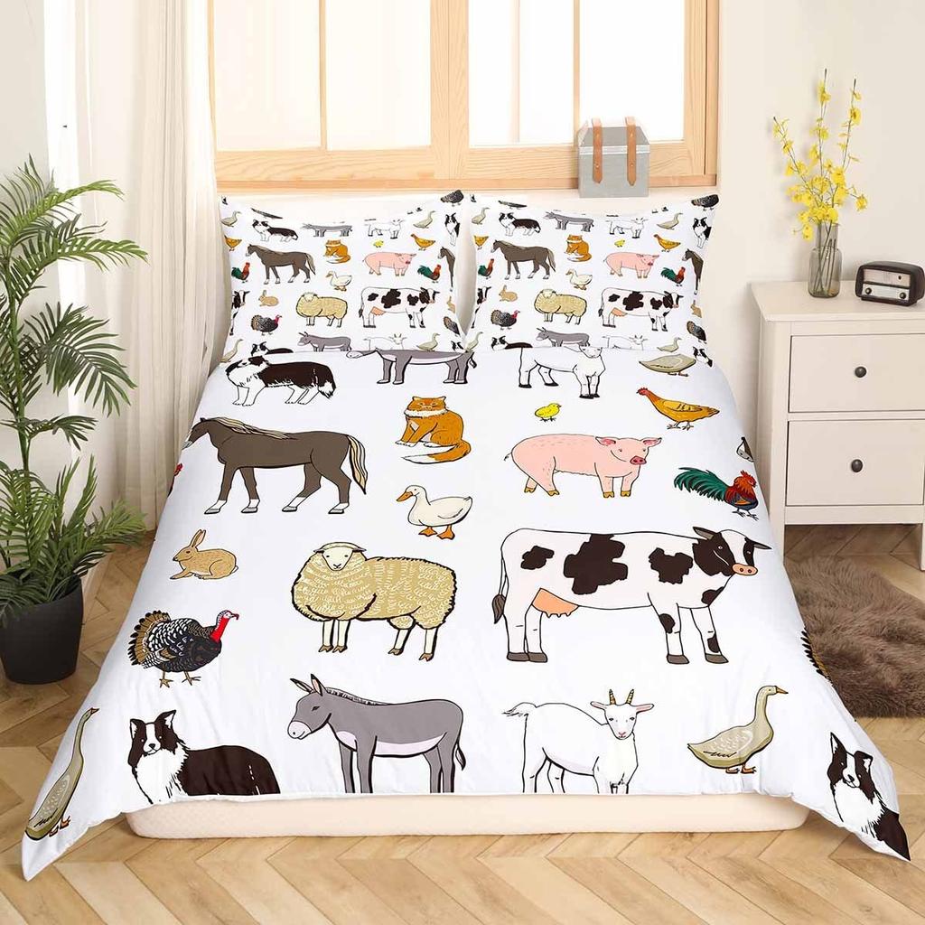 Woodland Theme King Queen Duvet Cover Cute Cartoon Animal Bedding Set Bear Tree Wildlife Comforter Cover Polyester Quilt Cover