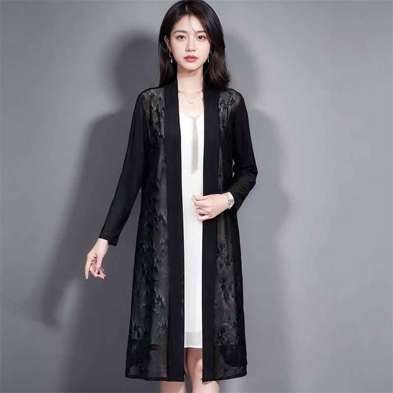 Eisseide-Jacquard-Sonnenschutzkleidung für Frühling und Sommer, Damen-Spitzenschal, mittellange Netz-Strickjacke, dünne Jacke