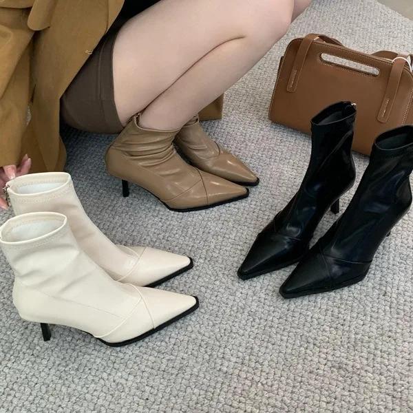 2024 Autumn/Winter Sexy Skinny Heel Ankle Boots for Women Elastic Skinny Pointy Boots for Women