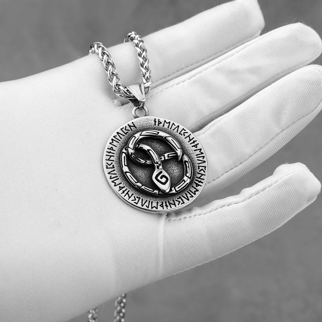 Vintage Vikings Ouroboros Necklace Men's Stainless Steel Nordic Snake Odin Rune Pendant Necklace Fashion Amulet Jewelry Gift