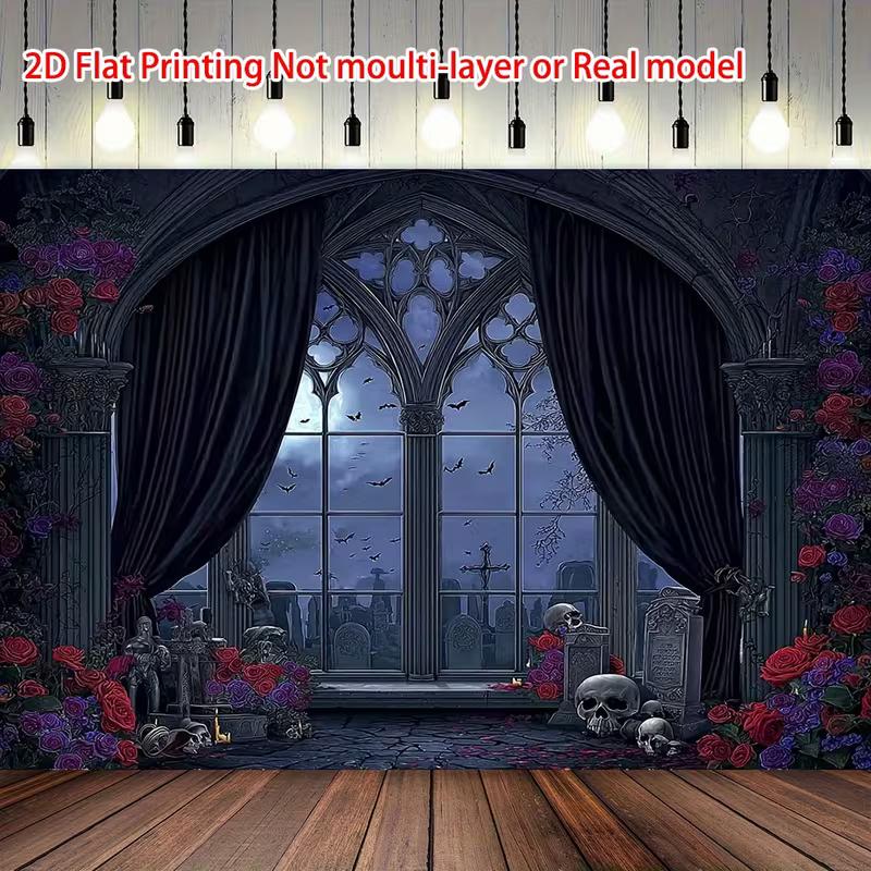 2D Gothic Halloween Cemetery Window Backdrop Photography Banner