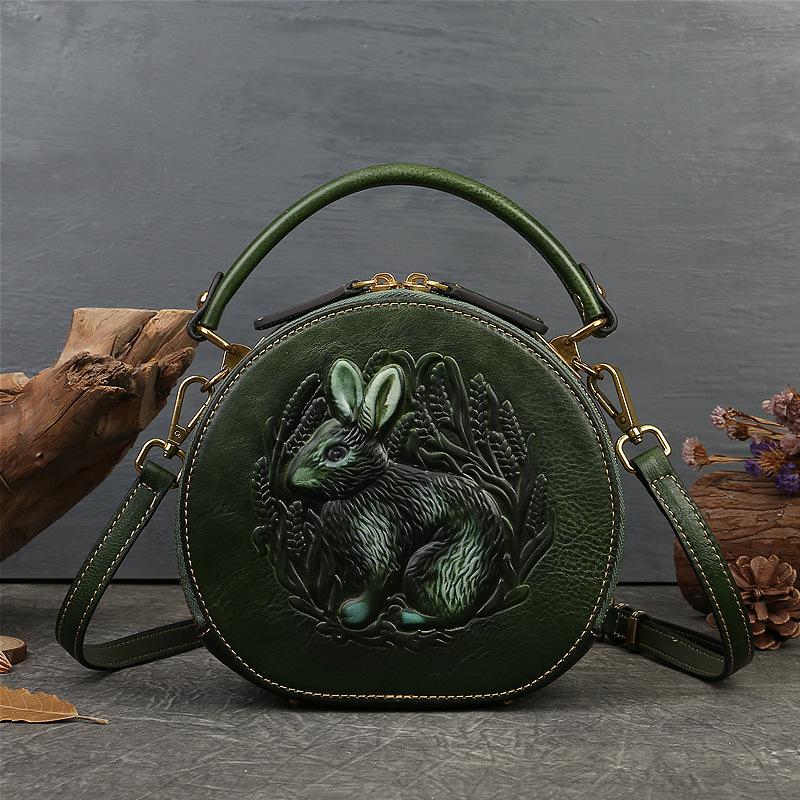 Rabbit Embossed Handbag Genuine Leather Retro Women Bag Versatile Real Cowhide Handmade Shoulder Bags
