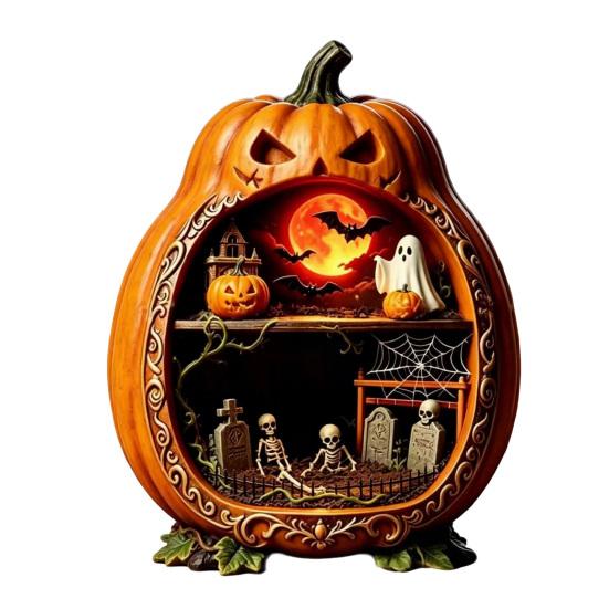 Rustic Halloween Tabletop Decor Centerpiece Pumpkin, Wooden Pumpkin Ornament with Miniature Scenes, Jack-o'-lantern Table Decorations Skeleton