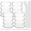 4Pcs Creative Glass Cups Coffee Mug Vintage Drinking Glasses Ribbed Iced Coffee Glasses Tumbler Cup with Straws Set