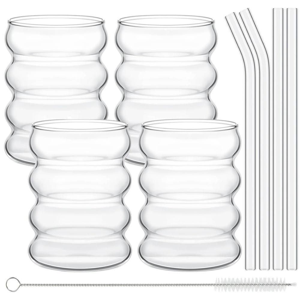 4Pcs Creative Glass Cups Coffee Mug Vintage Drinking Glasses Ribbed Iced Coffee Glasses Tumbler Cup with Straws Set 300ml