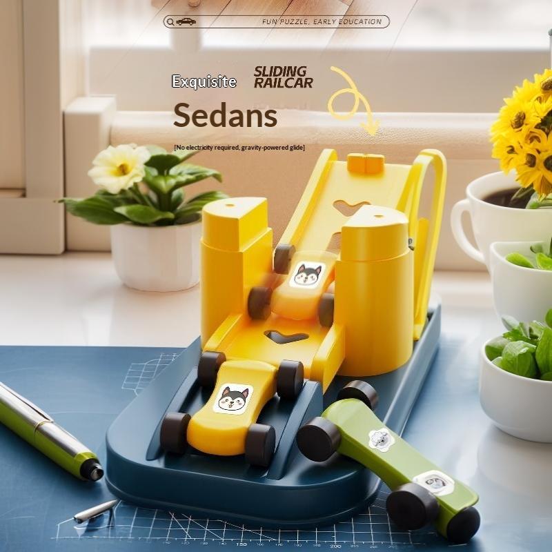 Toddler Car Sliding Ramp Toy with Mini Cartoon Cars Multi Layer Tracks BPA Free Smooth Surface Play Set for 1-3 Year Old Baby Boys Girls