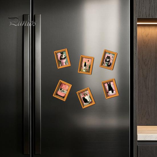 Magnetic Picture Frames for Refrigerator Funny Wooden Fridge Magnets Frame, Retro Cute Cat Pattern Decorative Photos Locker Magnet Photo Holder