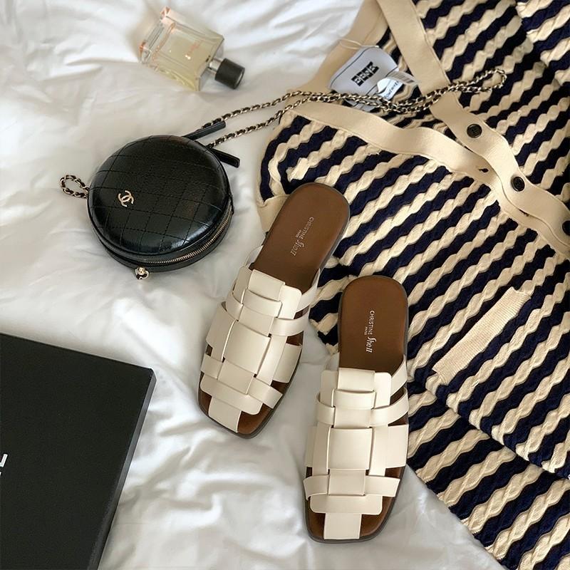 

Sheepskin version Su Yinyin, Korean Roman weaving fashion bag head half-drag flat-bottomed slippers, women s summer wear cool slippers 35