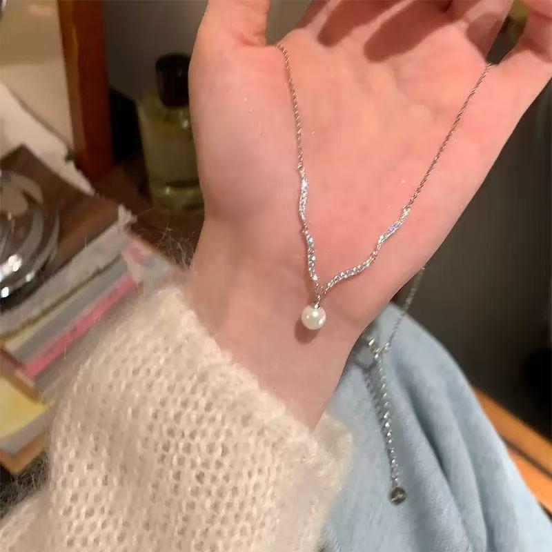 925 Sterling Silver Zircon Wave Pearl Pendant Necklace Women's Clavicle Chain