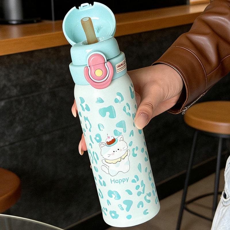 Water Bottle1011 Leopard Print Cute Children's Cup Gourd Cup New Thermos Cup Girls Water Cup Portable Straw Cup