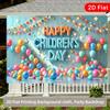 2D Kids' Day Photo Backdrop with Colorful Bunting Banner and Balloons