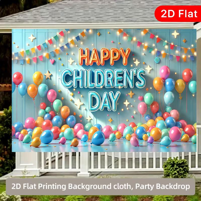 2D Kids' Day Photo Backdrop with Colorful Bunting Banner and Balloons