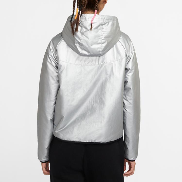 Nike Synthetic-Fill Windrunner Hooded Letter Print Casual Jacket Women Jackets Metallic-Silver Black CJ2262-095