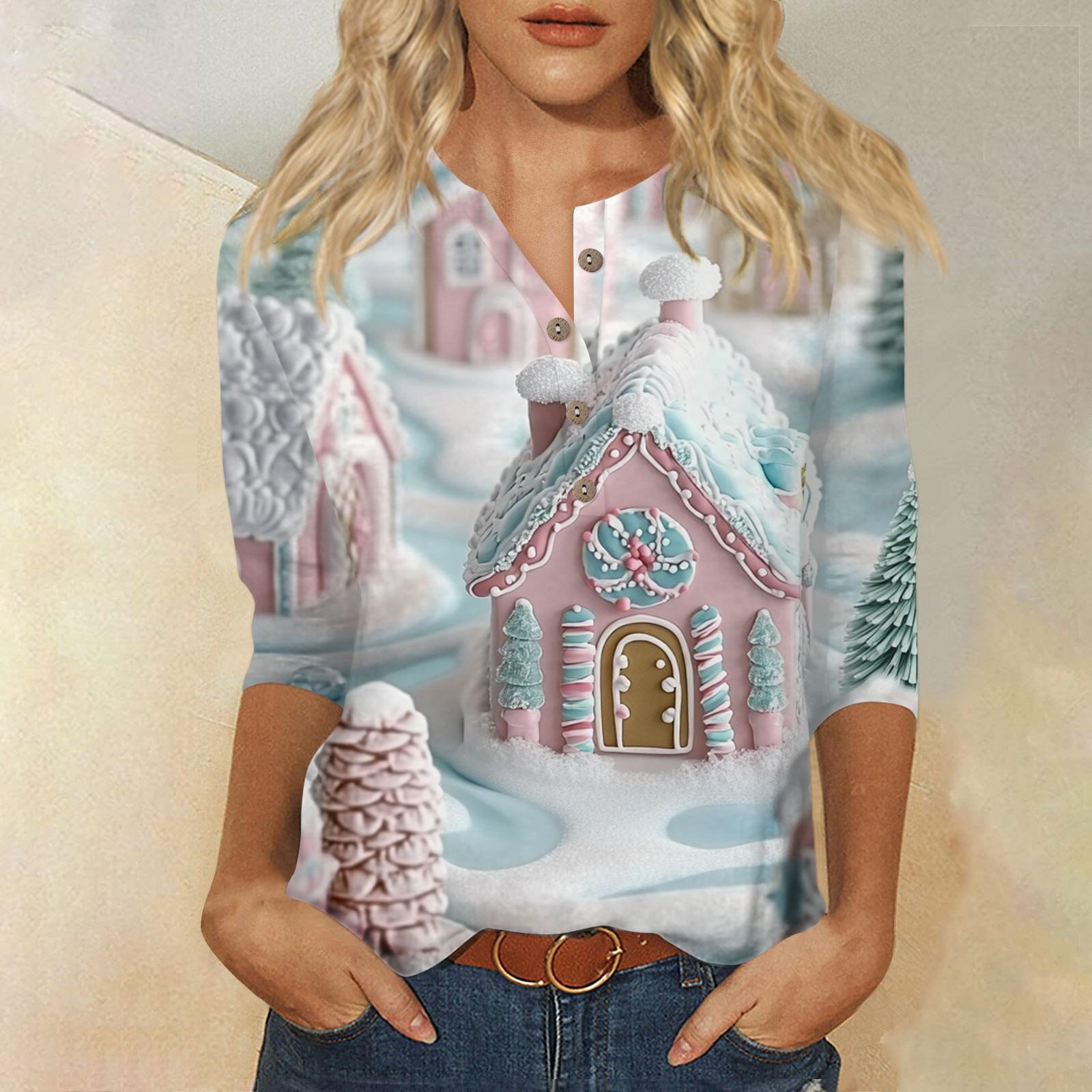 

Женская мода Повседневная новая пуговица с круглым вырезом и рукавами 3/4 Свободная футболка с принтом Женский топ XL арбуз красный