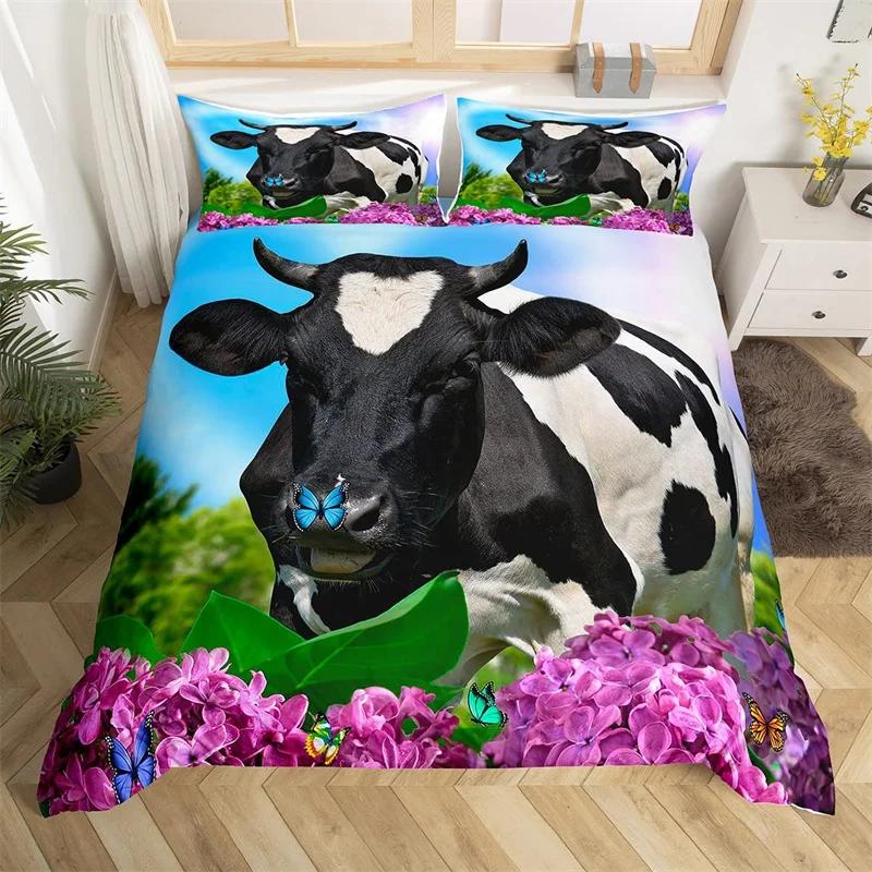 Highland Cow Duvet Cover King Microfiber Western Farmhouse Animal Bedding Set Leopard Cow Skin Fur Floral Print Comforter Cover