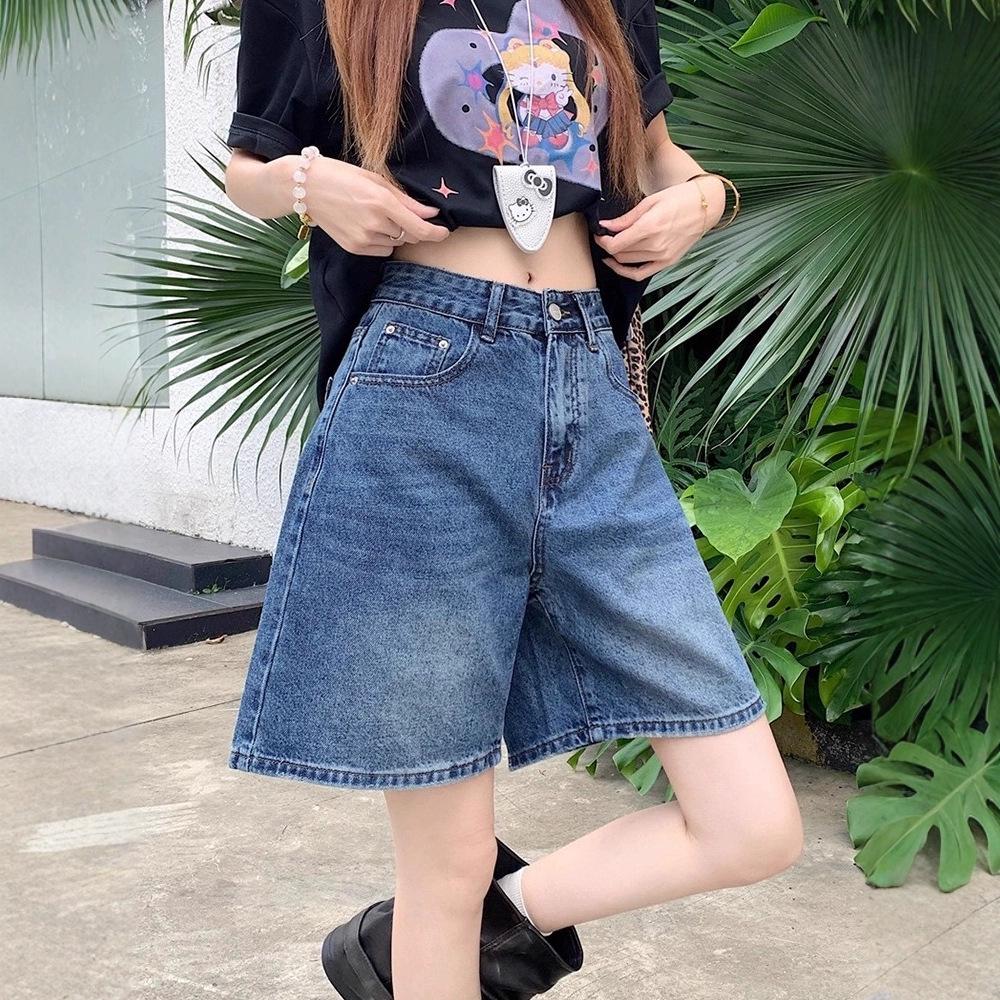 Retro Blue Korean-Style Wide-Leg Denim Shorts for Women - Comfortable and Slimming Five-Point Design with Loose Fit