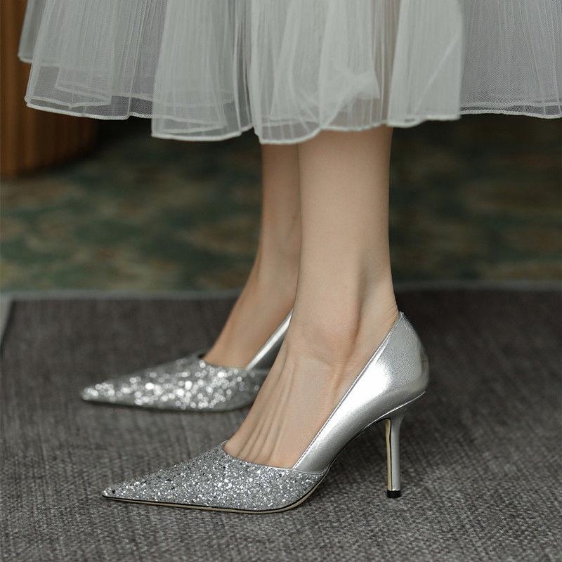 

2025 new spring and autumn sequins splicing high heels shallow mouth versatile sexy banquet pointed thin heel single shoes foreign style 40 серебряный