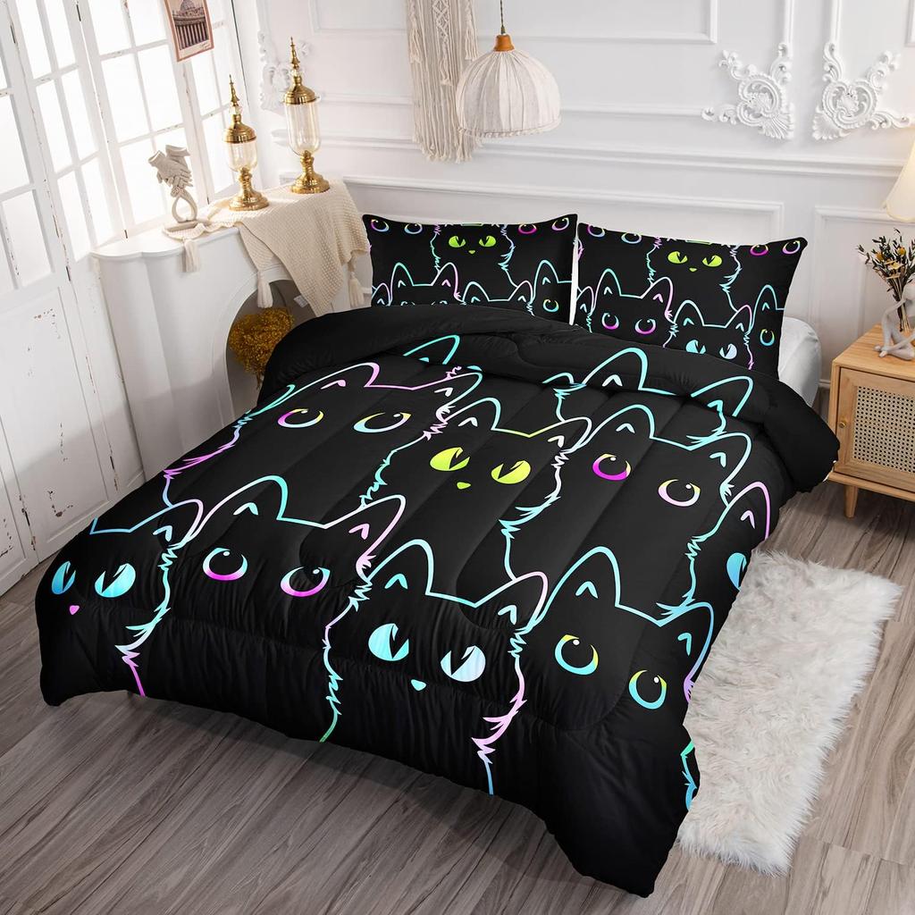 Axolotl Kids Bedding Cartoon Cat Comforter Set Twin Size,Gradient Line Cute Cat Bedding Set for Teens Boys Girls Adults Room Decor,Kids Comforter Set