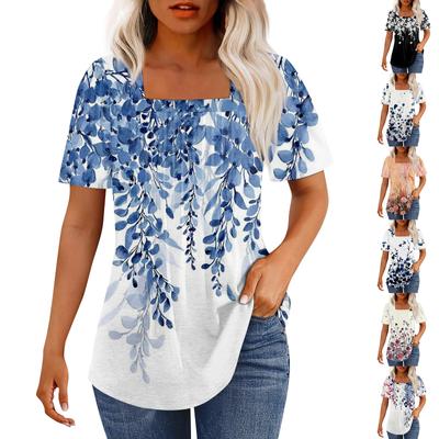 T Shirts For Women Pleated Square Neck Dressy Casual Blouses Printing Short Sleeve Summer Tops Loose Fit