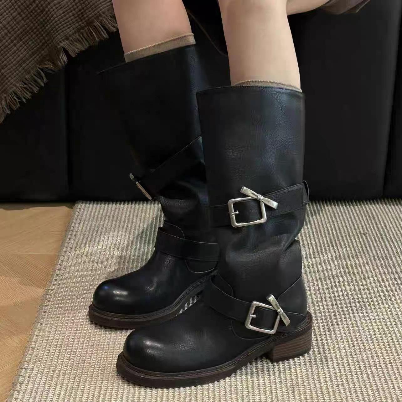 

Cowhide version~ Zhang Yuanying has the same wrinkled stacking boots for women, Korean version is old and polished, medium tube boots 40 чёрный