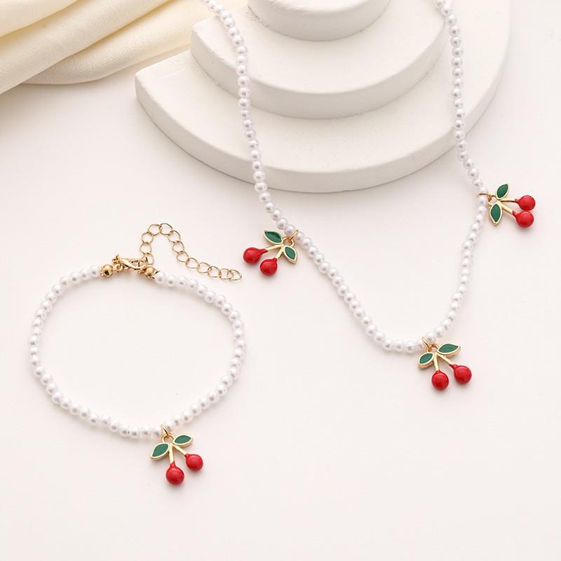 Sweet Cherry Necklace And Earring Set For Women Cute Fruit Jewelry Summer Accessories