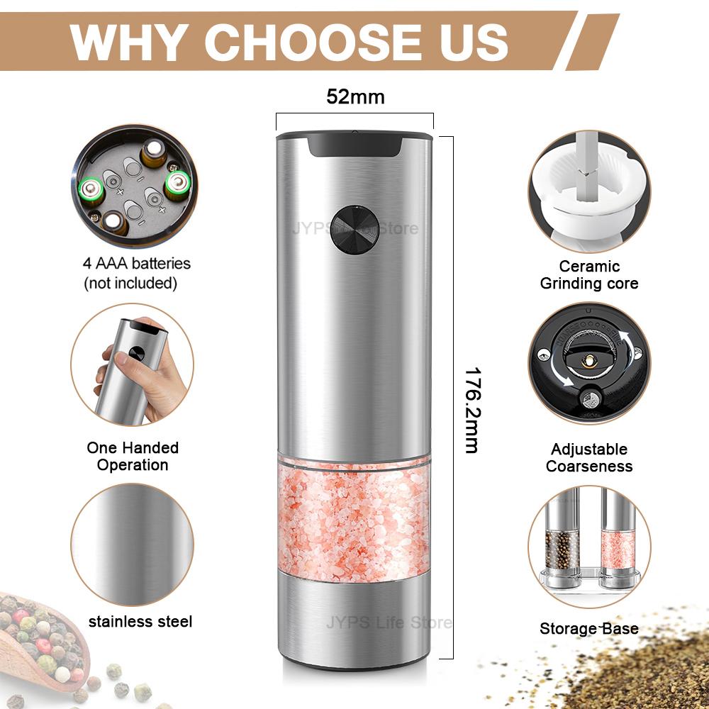 Electric Salt And Pepper Grinder Stainless Steel Automatic Pepper Grinder Adjustable Coarseness Refillable Mills Battery Powered