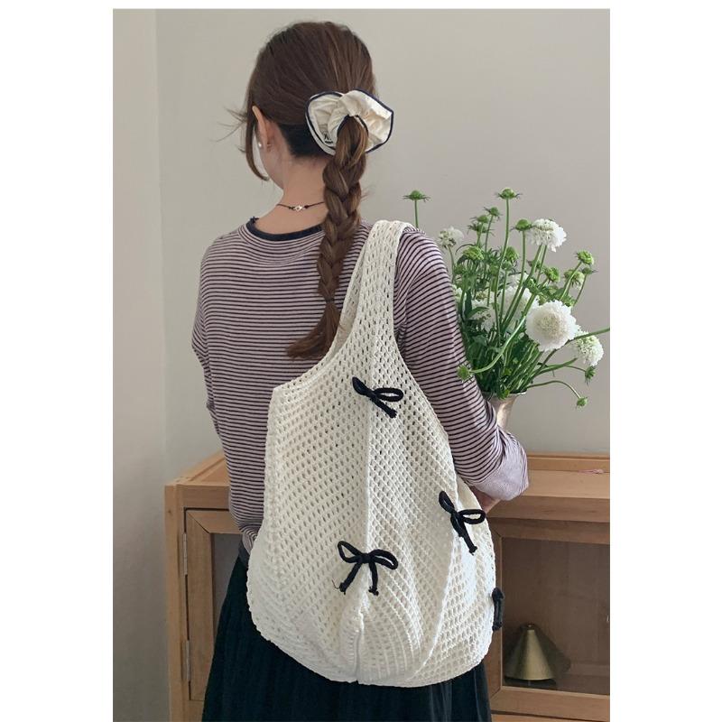 Retro Polyester Knit Tote Bag for Women Bow Woven Shoulder Handbag KTB