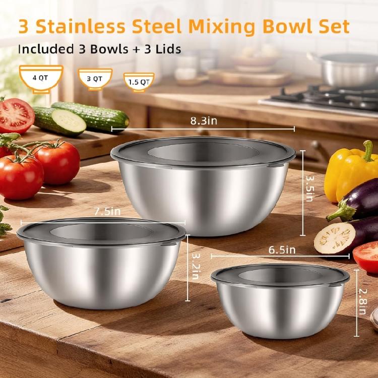 Modern Stainless Steel Mixing Bowl Set Space Saving Stackable Transparent Cover Food Storage Container