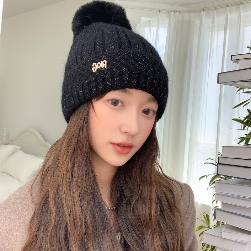 Korean New Autumn and Winter Hat for Women's Winter Household Warm Knitted Wool Hat Letter Diamond Mark Warm Ear Protection Head Hat