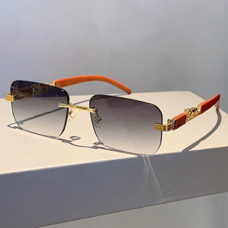 Rimless Vintage Men Sunglasses Stylish Rectangle Gradient Ocean Lenses Shades New Trendy Wooden Legs Brand Design Eyewear
