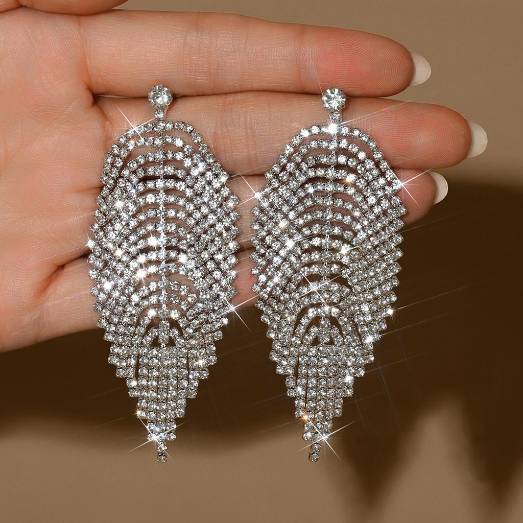 Heavy Industry Fashion Light Luxury Feather Tassel High-End Earrings Women'S Full Diamond Dress Wedding Dress Earrings Stud Earrings Accessories