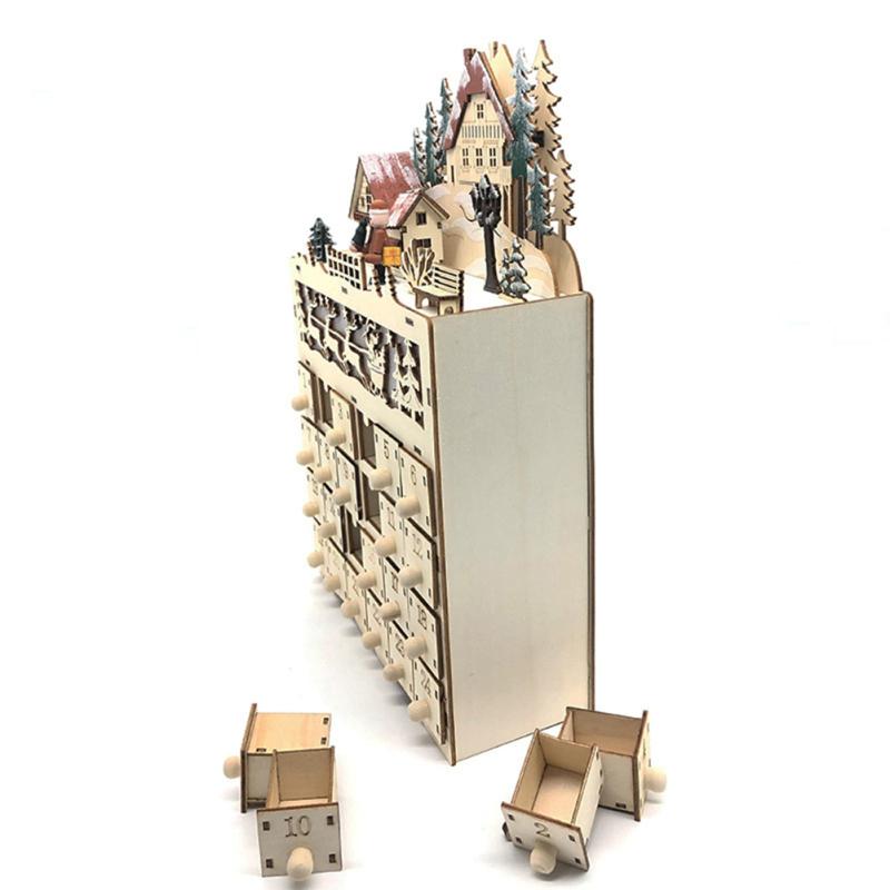 Calendar Ornament Wooden Christmas Advent Calendar Reindeer Village LED Holiday Decoration Christmas