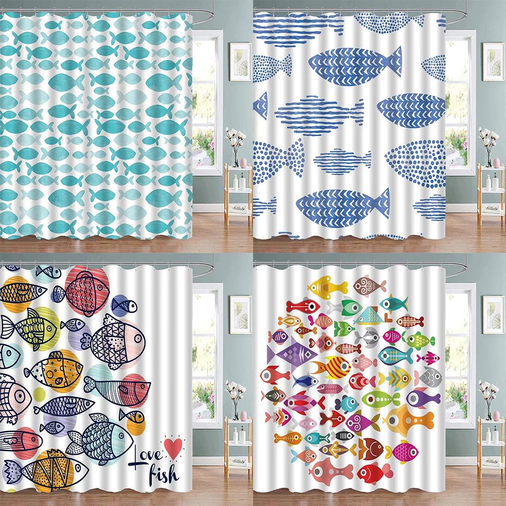 Colorful Cartoons Fish Shark Shower Curtains Ocean Life Children's Bathroom Home Decor Cloth Curtain Set Waterproof Bath Screens