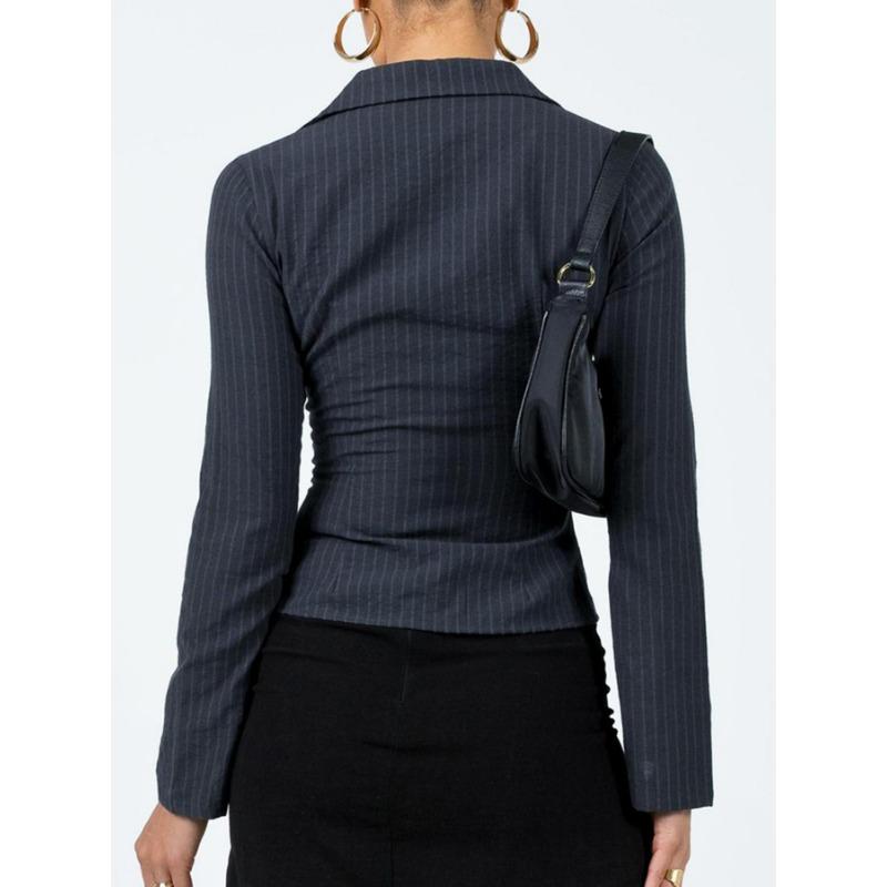 Mode Chemise Rayée Coupe Ajustée pour Femme Manches Longues Blouse Élégante Col de Chemise Bureau Décontracté Hauts Courts Simples Simples Printemps Été Streetwear Vêtements de Base