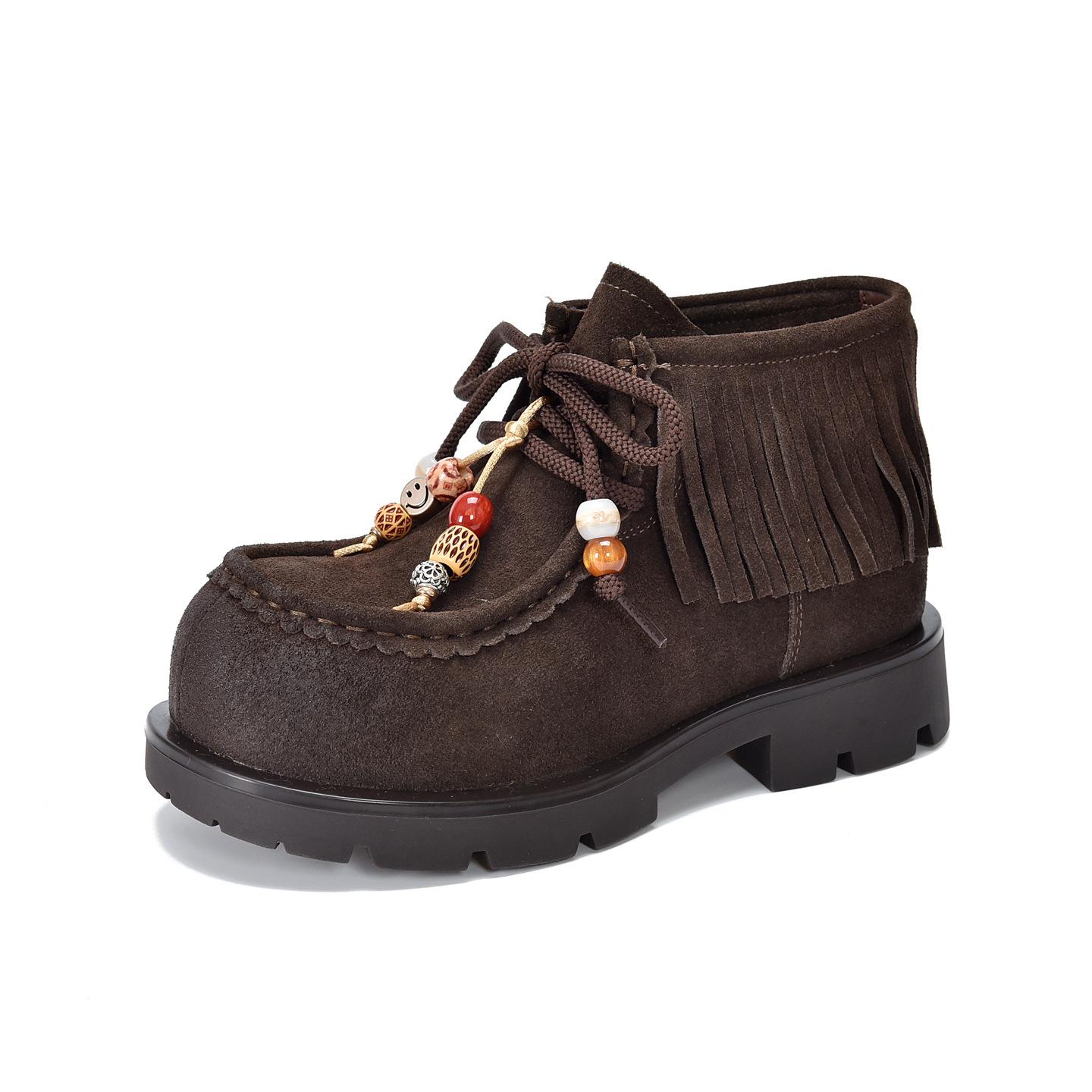 

Johnature Tassel Thick Soled Cow Suede Short Boots Fashionable And Versatile Lace Up Women s Boots 40