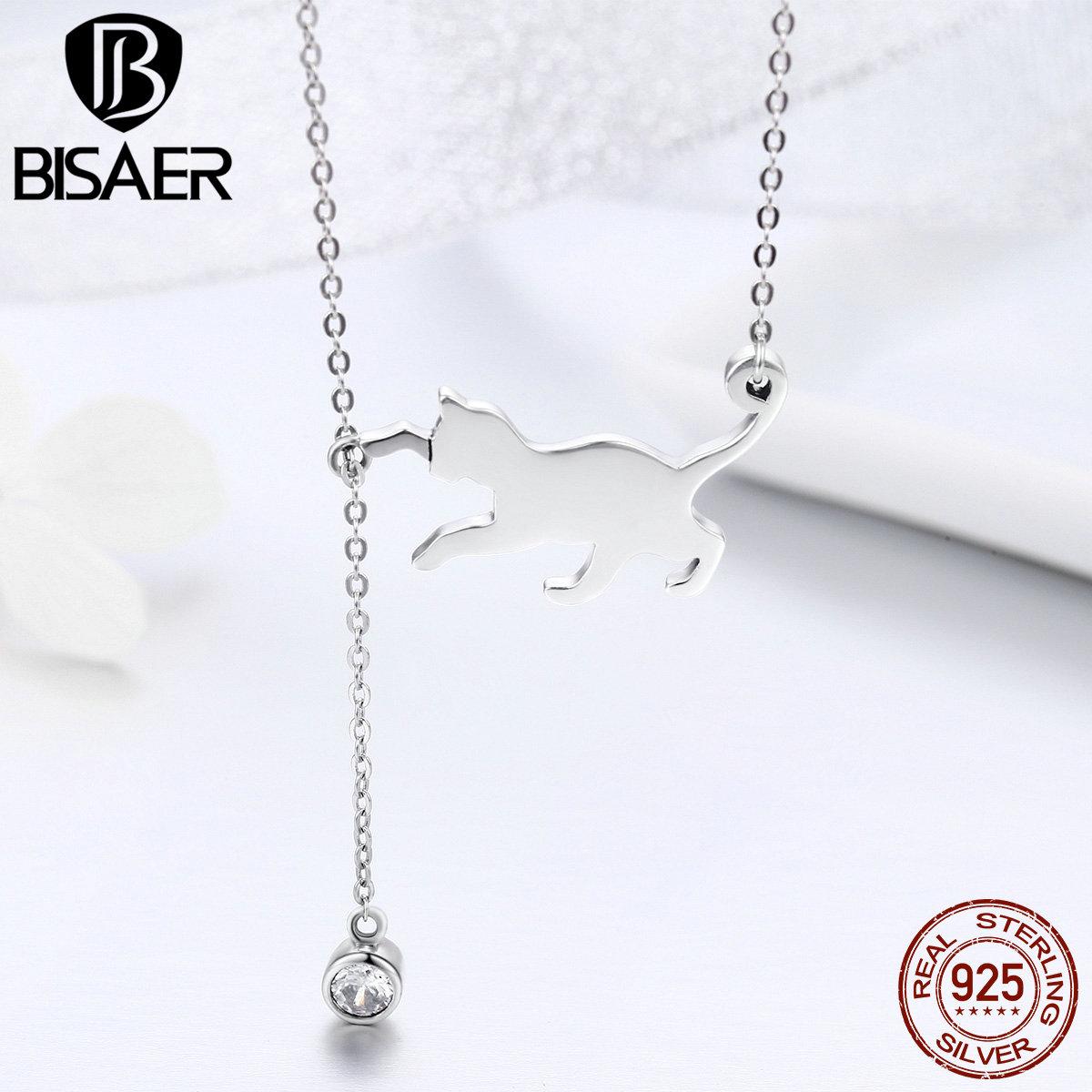 

BISAER 100% стерлингового серебра 925 пробы игривый кот цепочка для домашних животных кулон ожерелье для женщин Элитный бренд